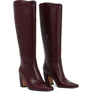 Women Knee High Burgundy Boots Square Toe Chunky Heel Wide Calf Tall Zipper Boot